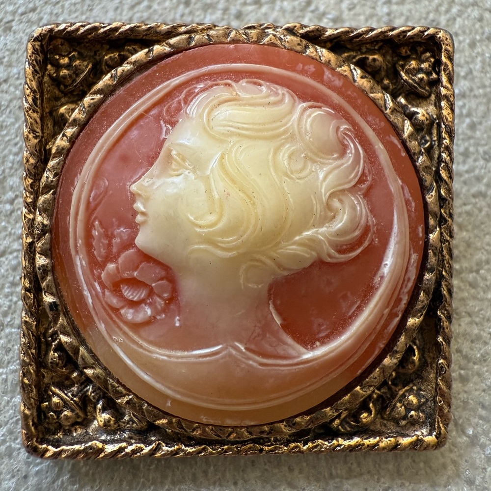Vintage Square Coral Color Cameo (faux) with Gold Tone Setting Clip and Pin